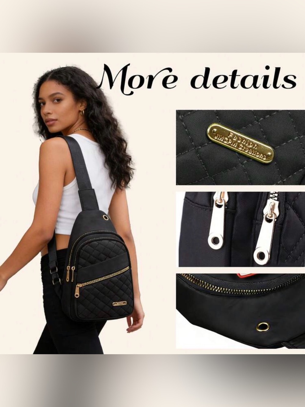 Quilted Black Sling Backpack with Gold Hardware